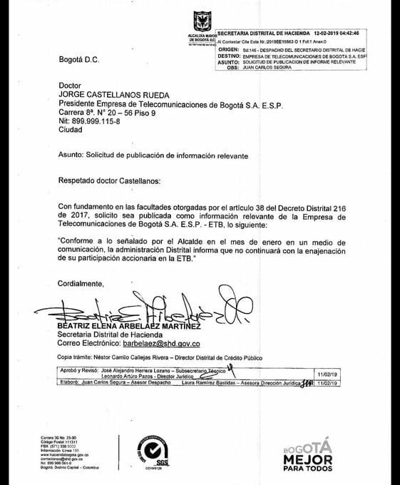 Documento donde el Alcalde Peñalosa desiste de la venta de la ETB